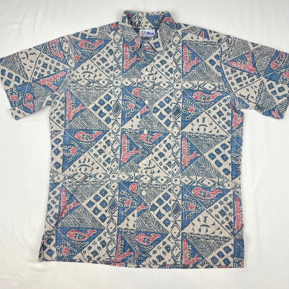 Reyn Spooner Hawaiian Shirt Mens Large Blue Red Fish Lobster Reverse Print Aloha